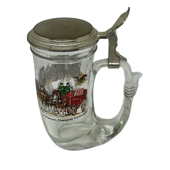 VTG Budweiser Clydesdales Glass Beer Stein w/ Lid Barware Collectible 5.5x6 RARE - Picture 1 of 10